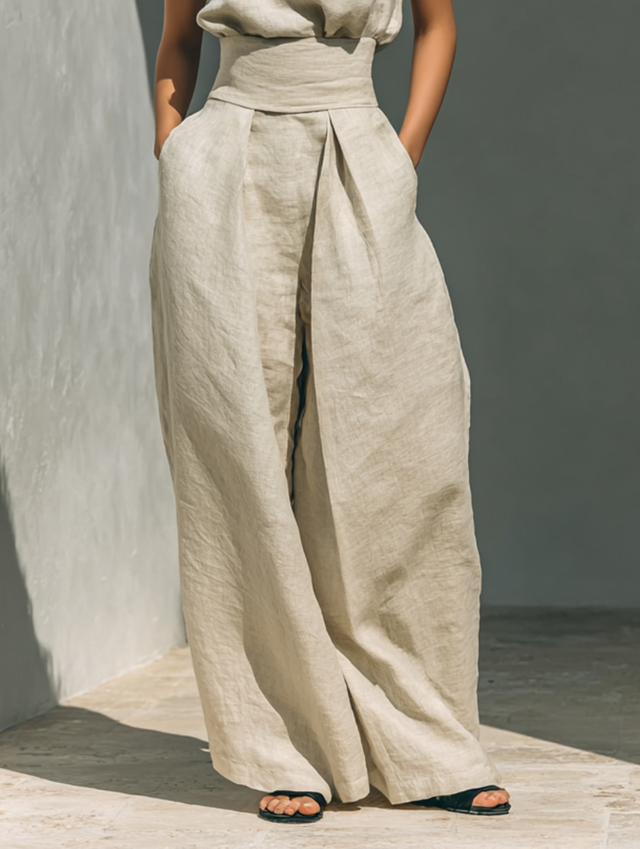 Conjunto Mujer Algodón Lino Sin Mangas Pantalón Ancho