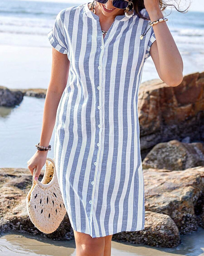 Vestido Camisero A Rayas De Algodón Lino Elegante