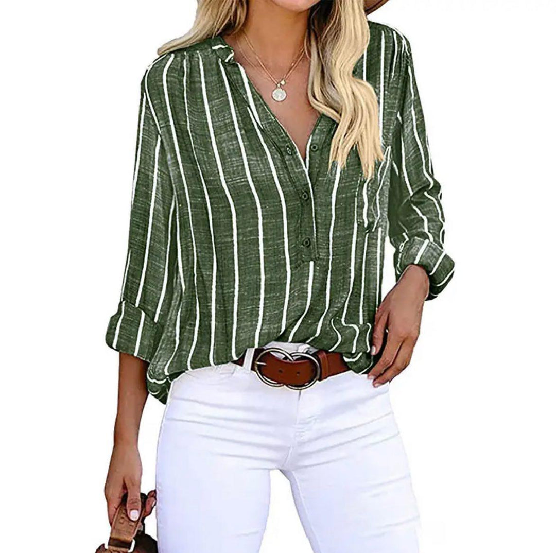 Blusa De Mujer A Rayas Elegante De Corte Recto