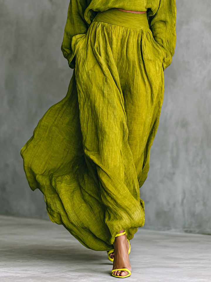 Conjunto Mujer Algodón Lino Verde Con Pantalón Ancho