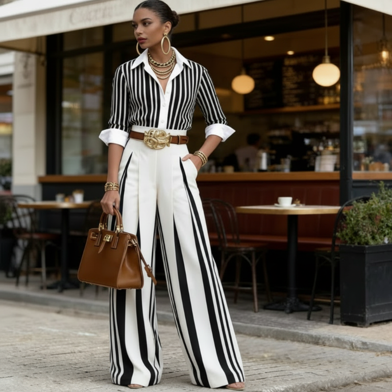Conjunto De Mujer A Rayas Con Camisa Y Pantalón Ancho
